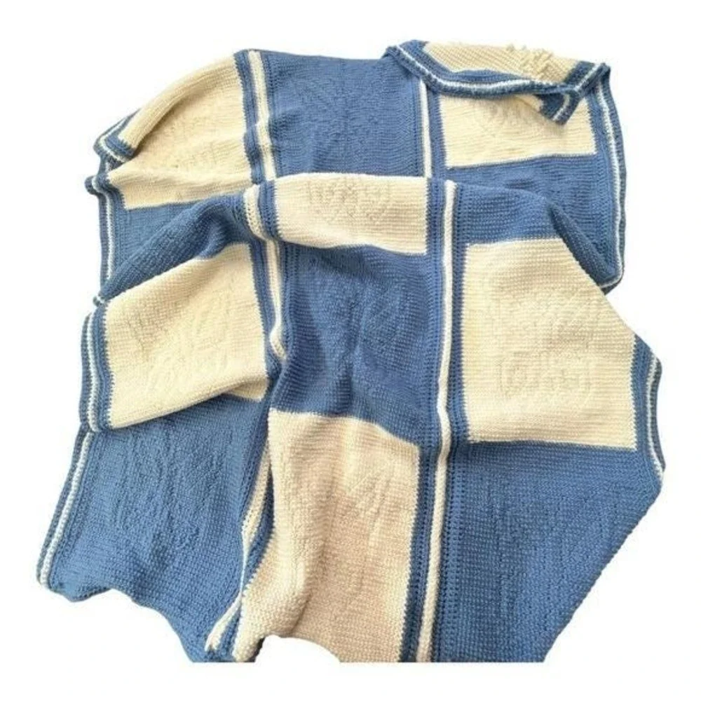 Handmade Crochet Butterfly Afghan Throw Blanket 54x68 Blue Cream Cottagecore